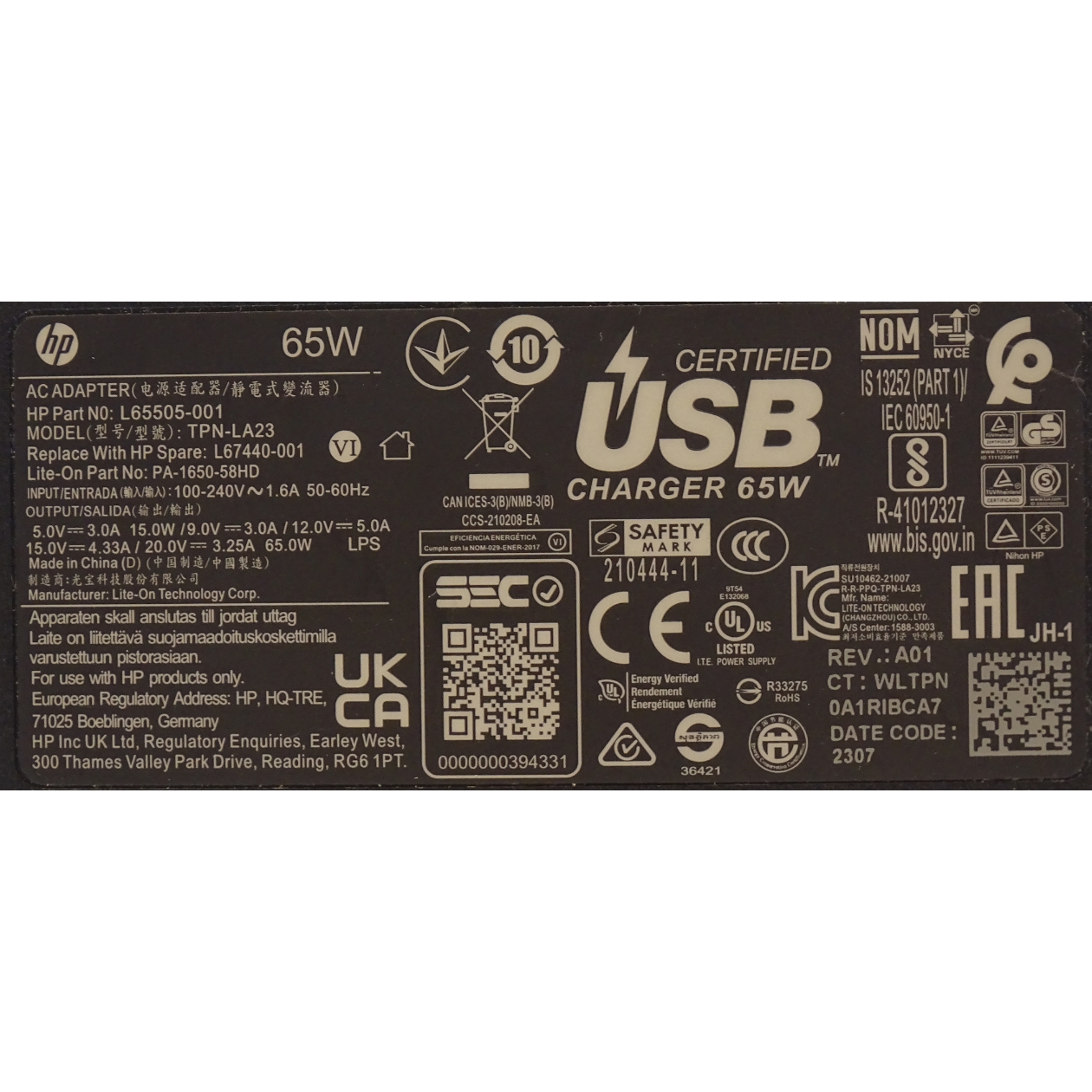 HP Netzteil 65 Watt (20V-3.25A) USB-C Stecker
