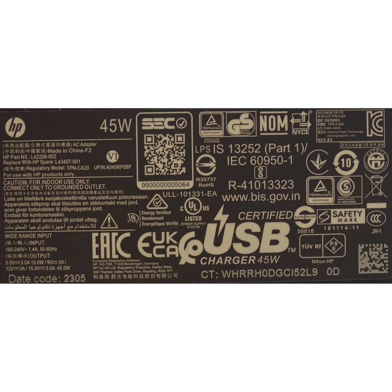 HP Netzteil 45 Watt (15V-3A) USB-C Stecker