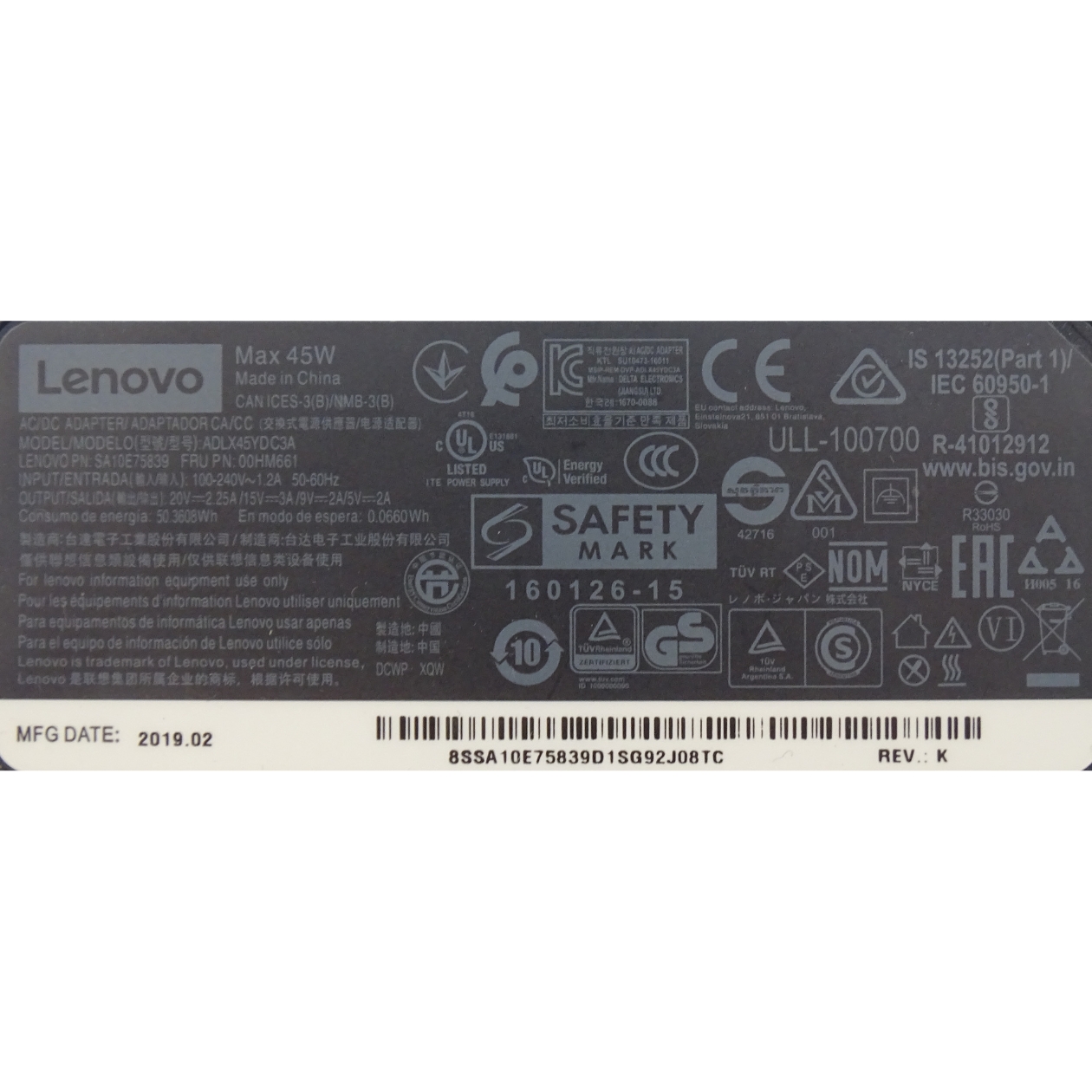 Lenovo Netzteil 45 Watt (20V-2.25A) USB-C Stecker