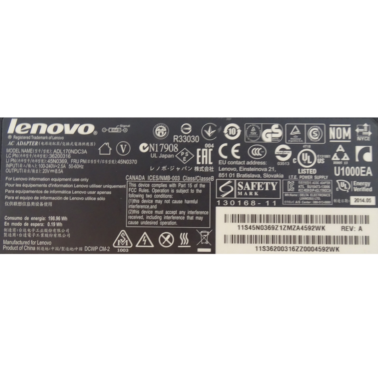 Lenovo Netzteil 170 Watt (20V-8.5A) Flacher Stecker